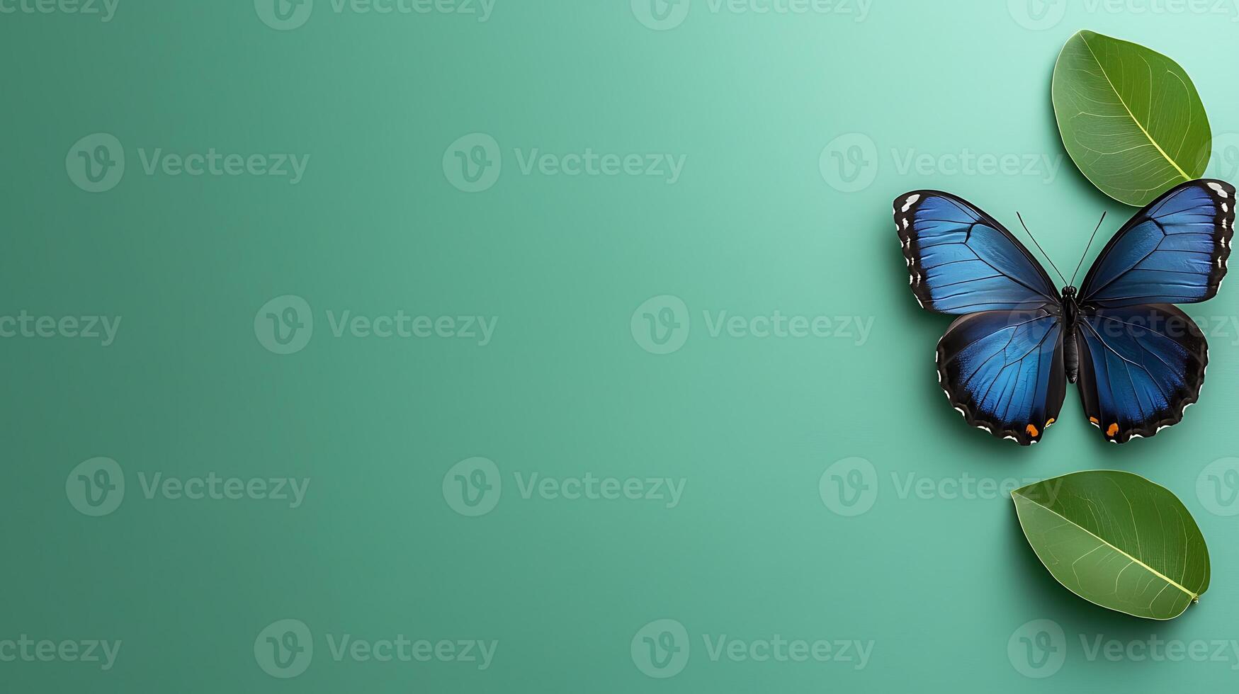 A vibrant blue butterfly perched on green leaves against a soft teal background photo