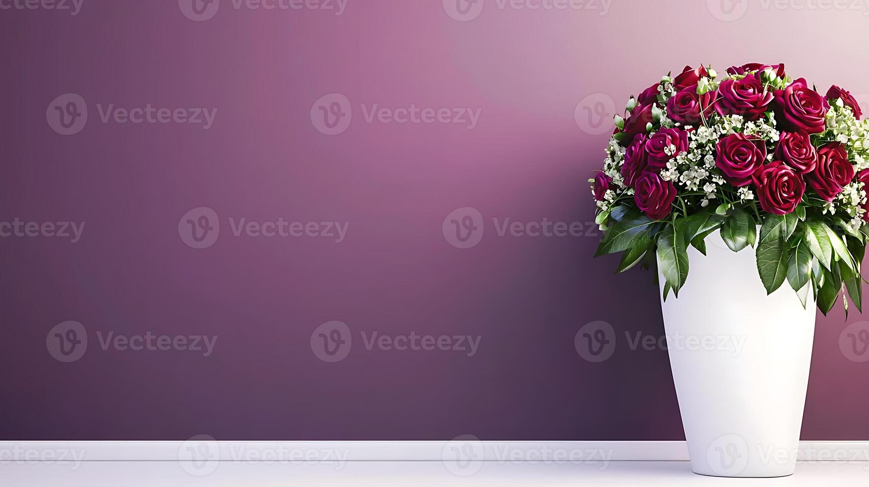 A vibrant bouquet of red roses in a white vase against a soft purple background photo