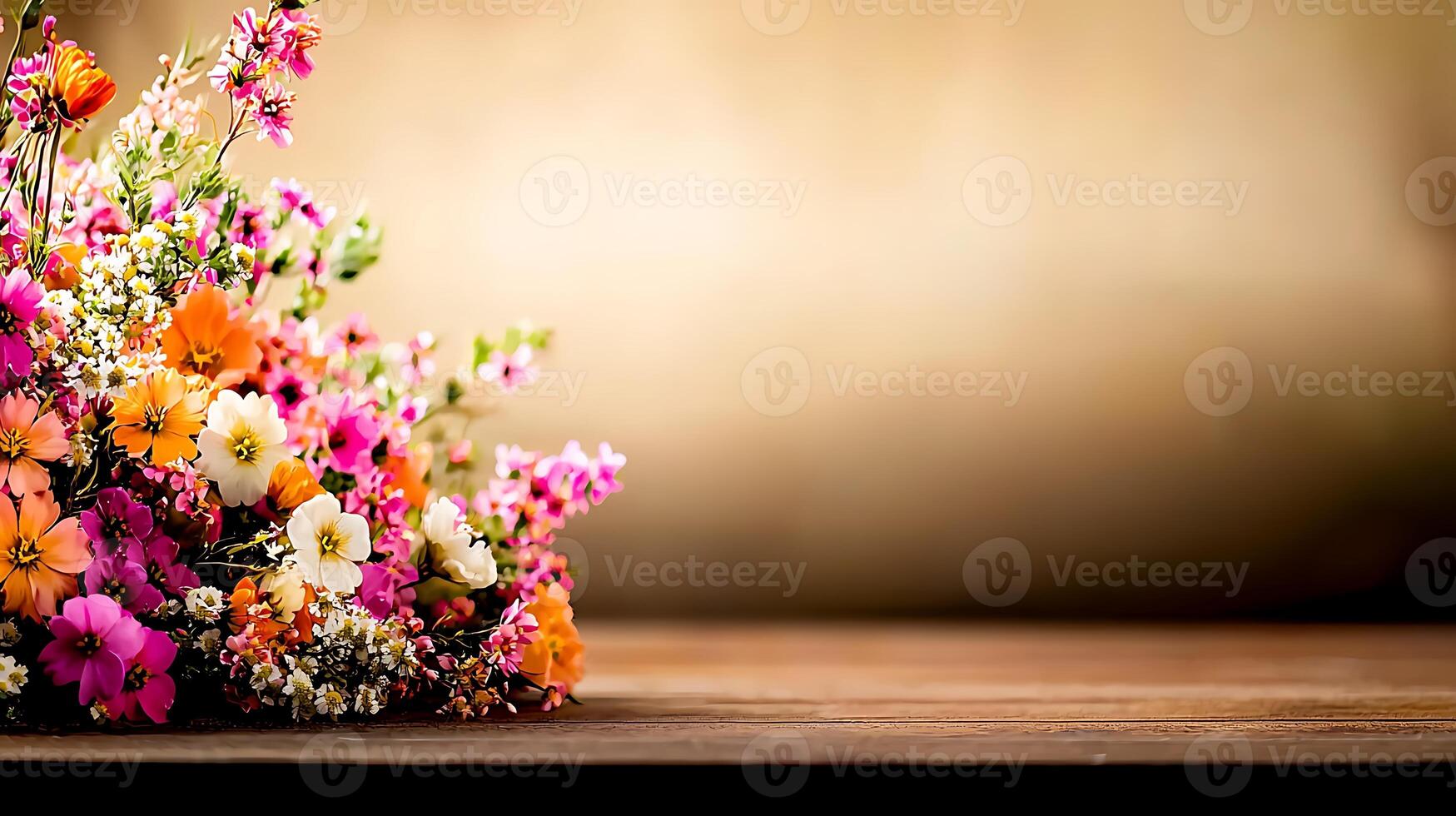 A vibrant bouquet of wildflowers arranged beautifully on a wooden table with a soft background photo