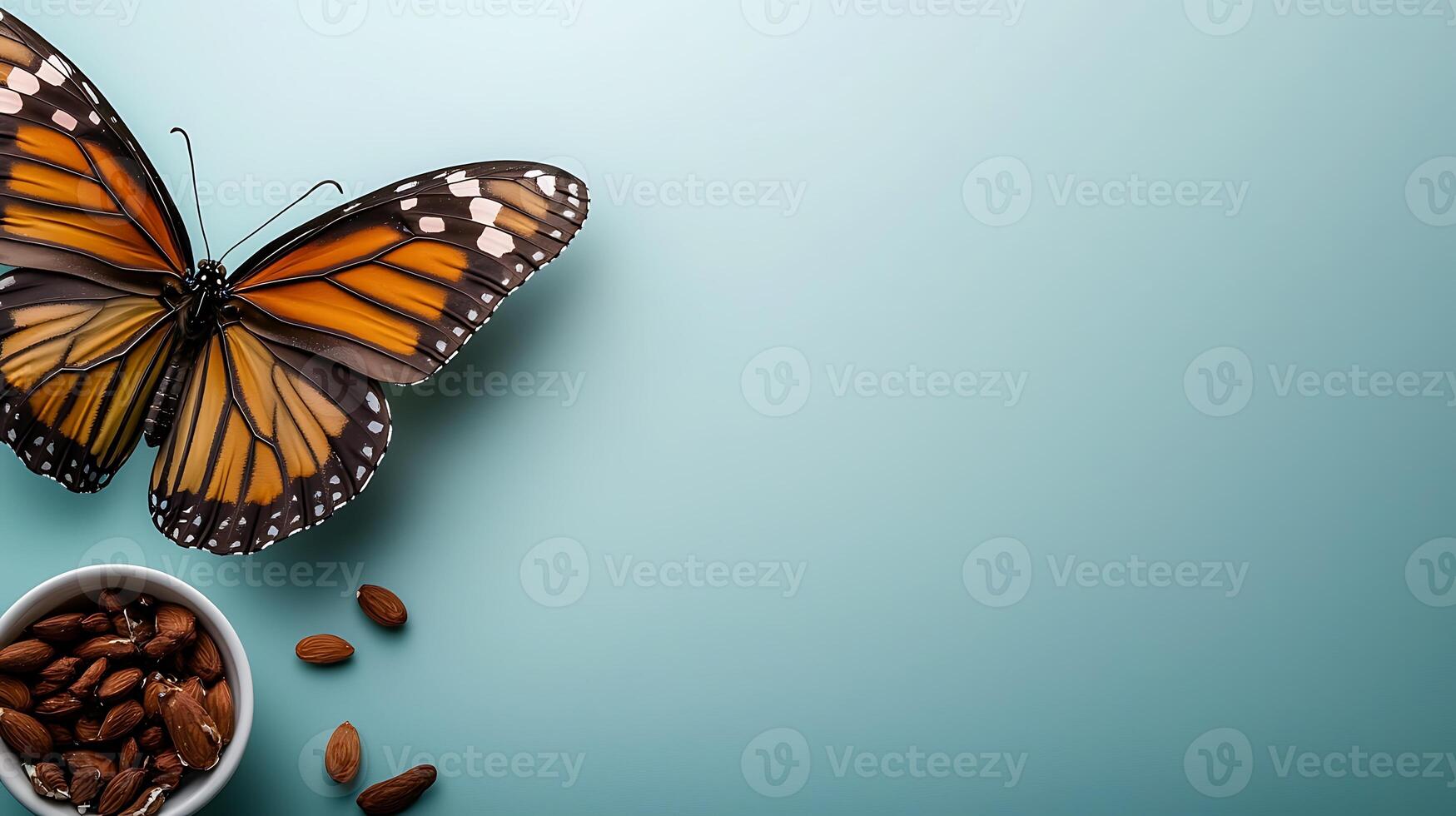 A vibrant butterfly perched beside a bowl of almonds on a serene blue background photo