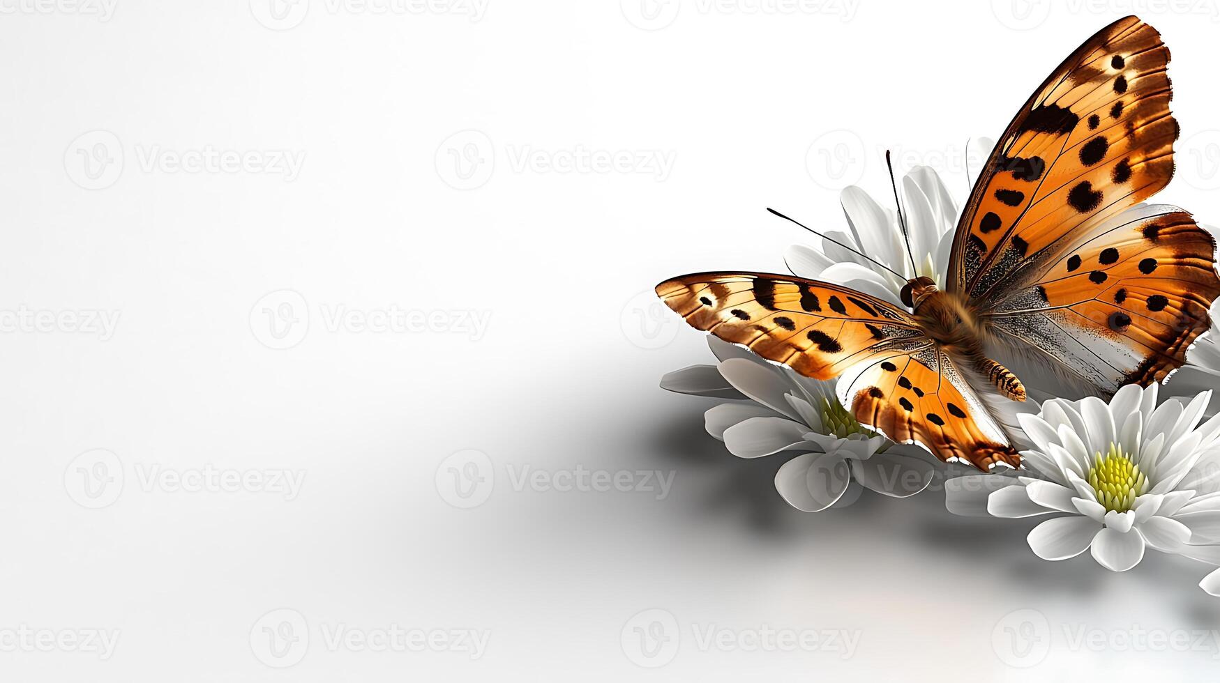 A vibrant butterfly perched on delicate white flowers against a minimalist background photo