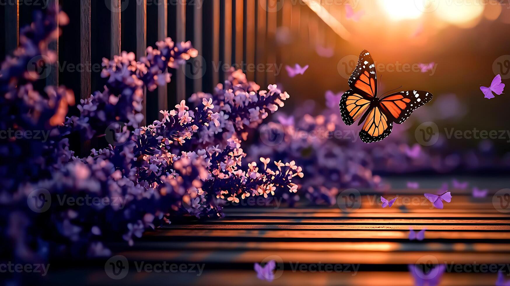 A vibrant butterfly hovering above blooming lilacs at sunset, with soft light illuminating the scene photo