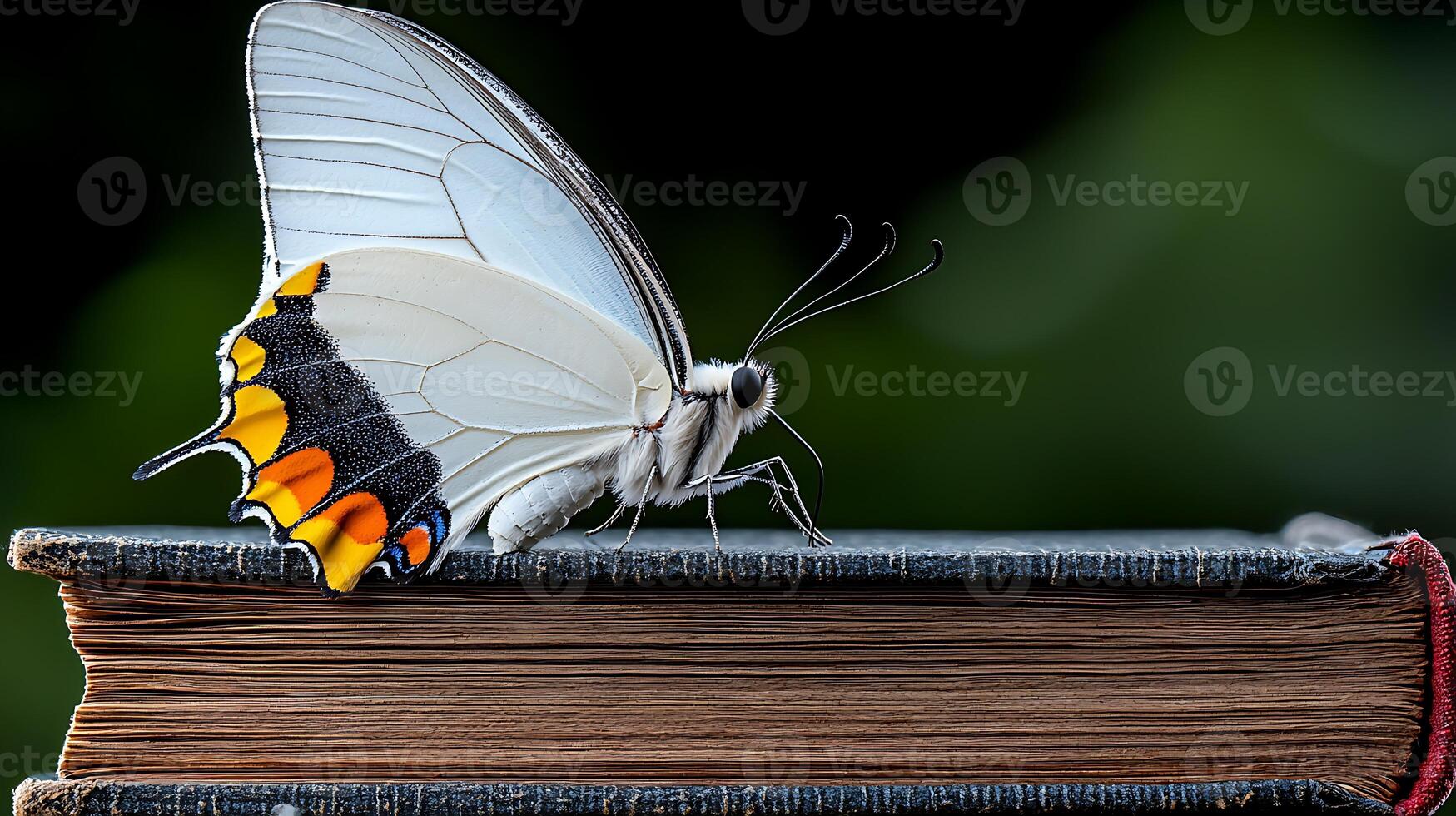 A vibrant butterfly perched on an old book, surrounded by a blurred green background photo