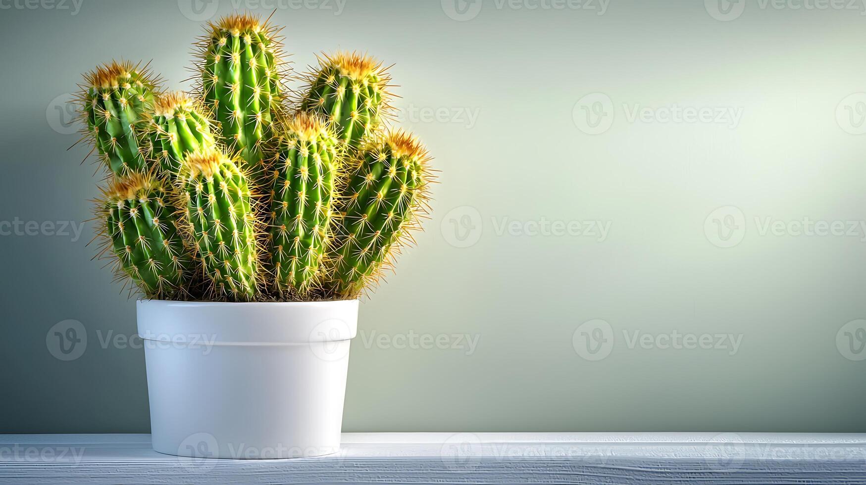 A vibrant cactus in a white pot placed on a wooden surface against a soft green background photo