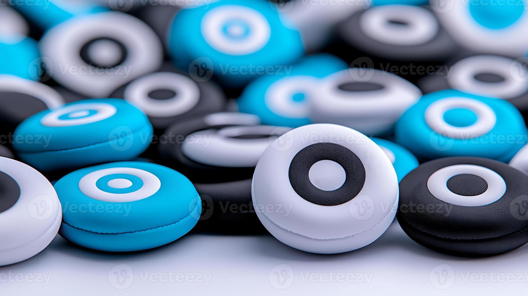 A vibrant collection of round buttons in blue, black, and white colors scattered on a surface photo