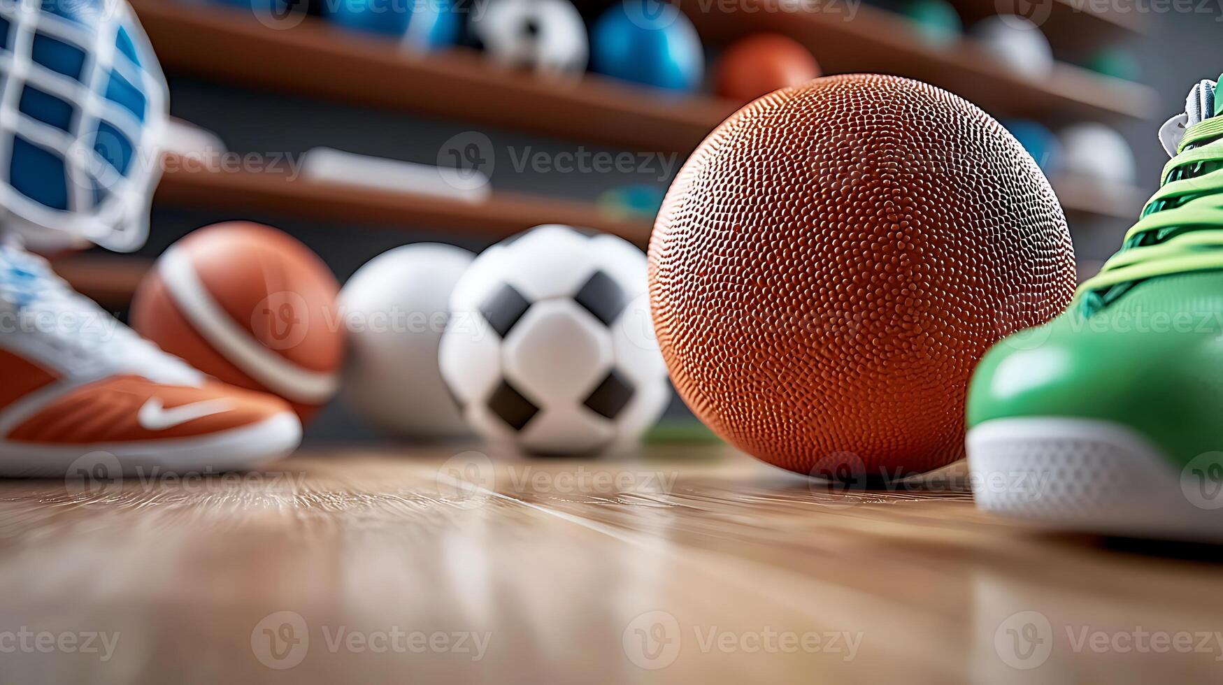 A vibrant collection of sports balls and shoes on a wooden floor in a gym setting photo