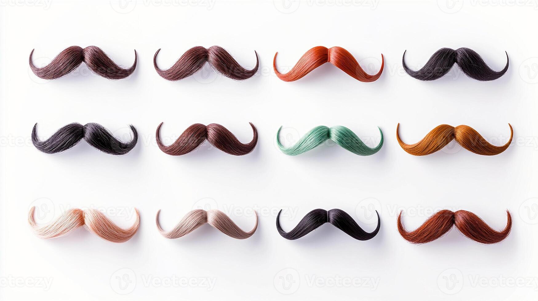 A vibrant collection of twelve distinct mustaches in various colors and styles arranged symmetrically photo