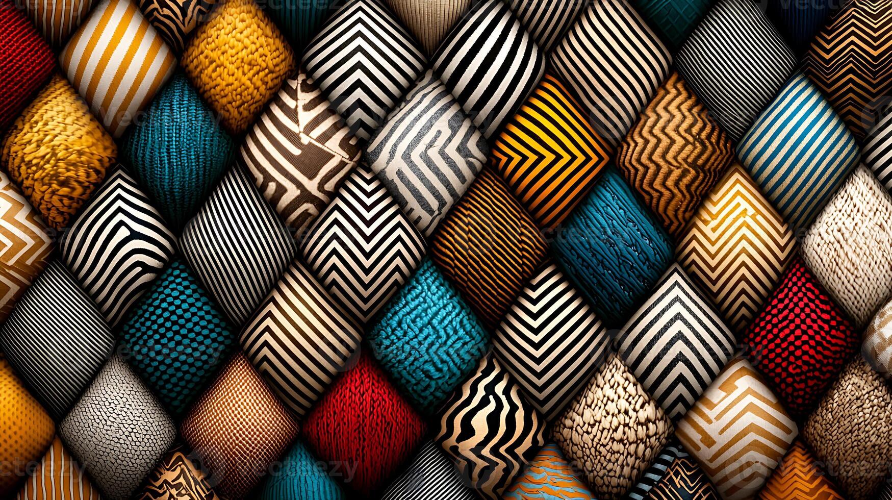 A vibrant collection of textured patterns arranged in a diamond layout, showcasing diverse colors and designs photo