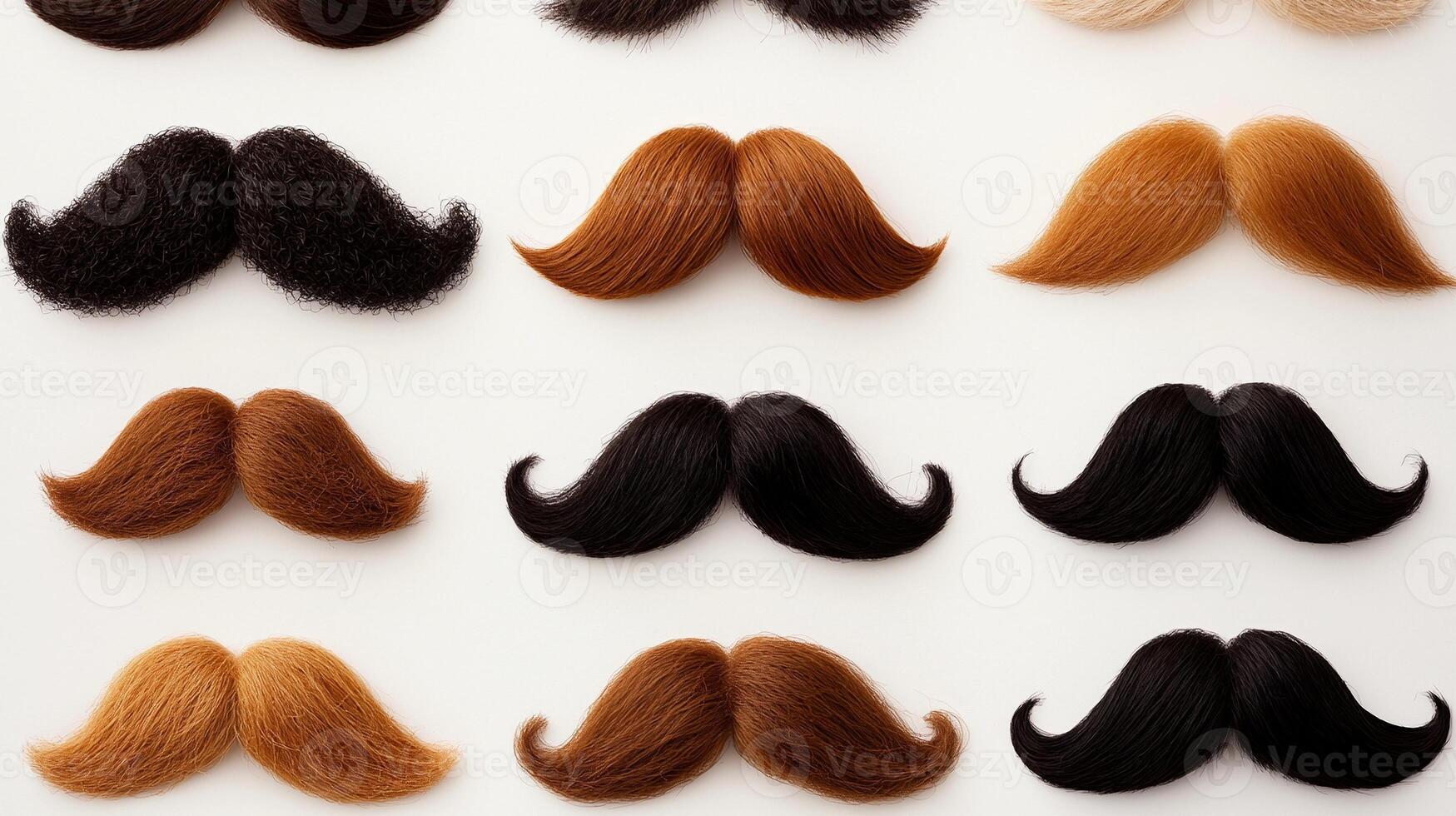 A vibrant collection of various mustache styles displayed on a neutral background for grooming ideas photo