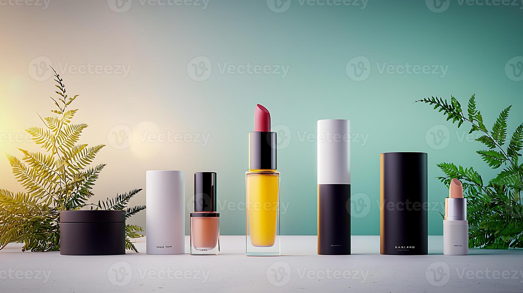 A vibrant display of cosmetic products arranged artistically on a table with greenery in the background photo