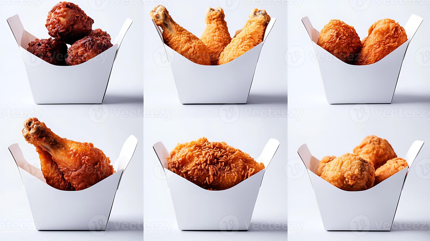 A vibrant display of crispy fried chicken drumsticks in takeout containers, showcasing texture photo