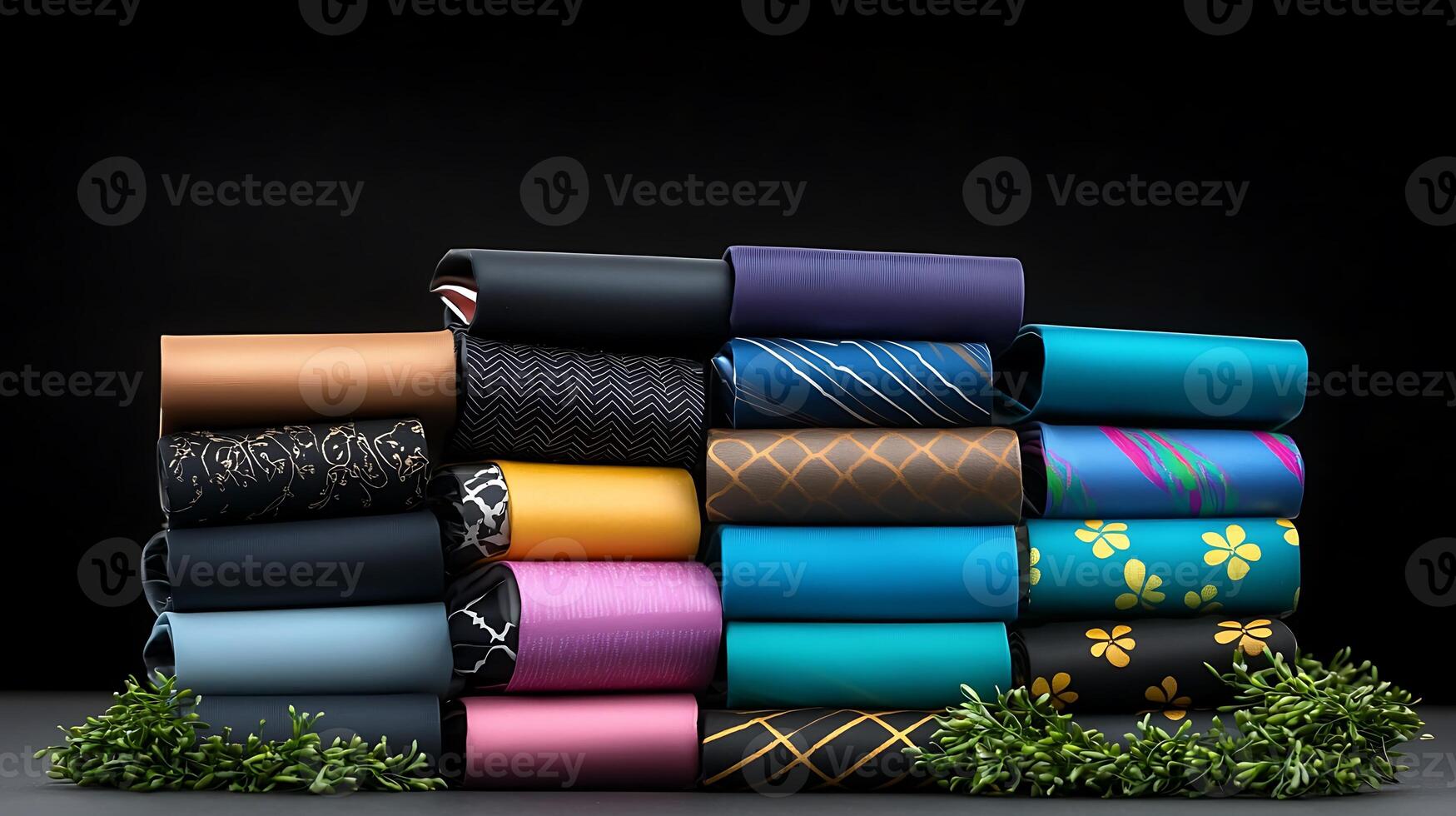 A vibrant display of rolled fabrics in various colors and patterns against a dark background photo