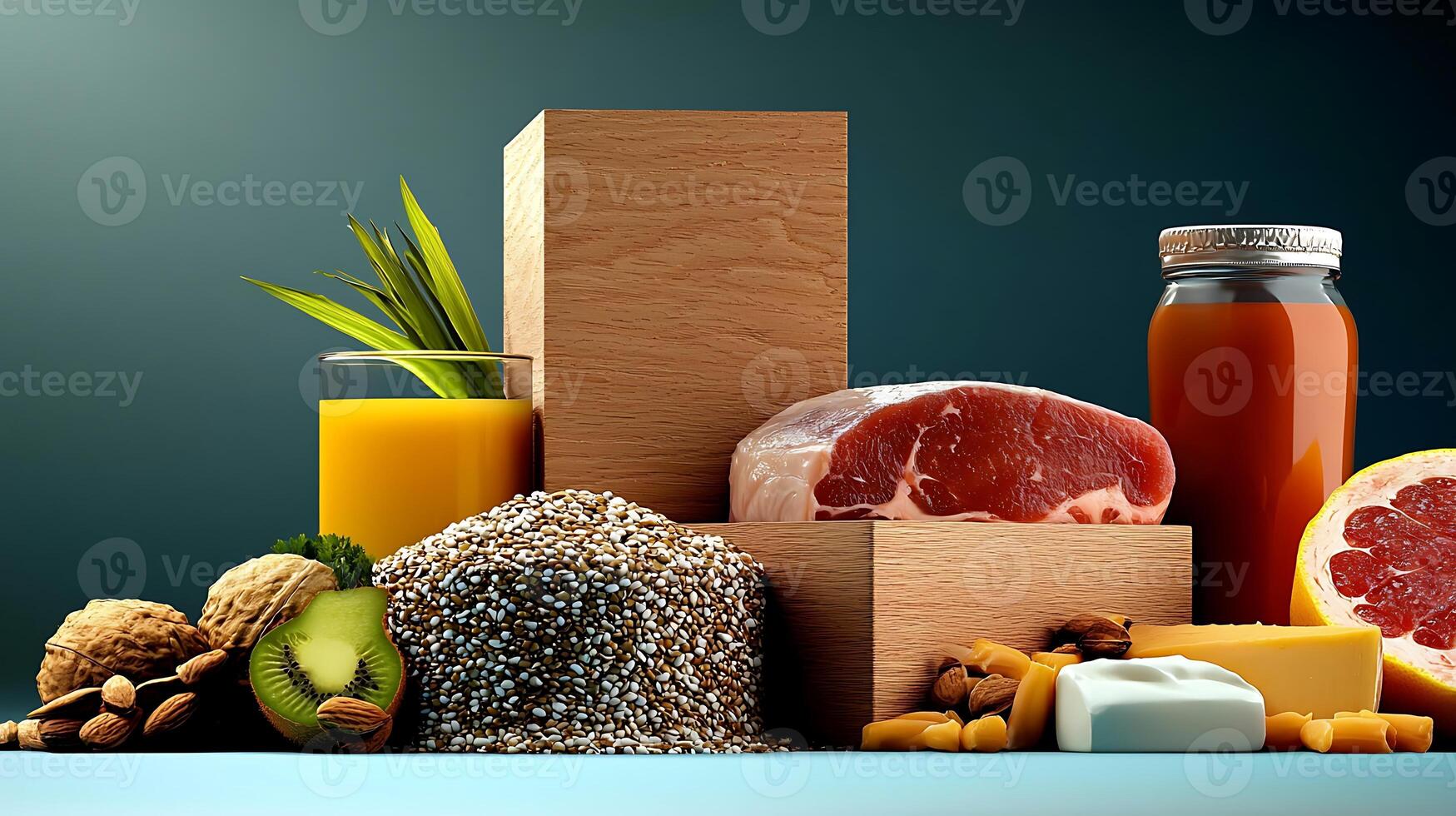 A vibrant display of fresh ingredients including meat, fruits, and grains arranged artistically photo