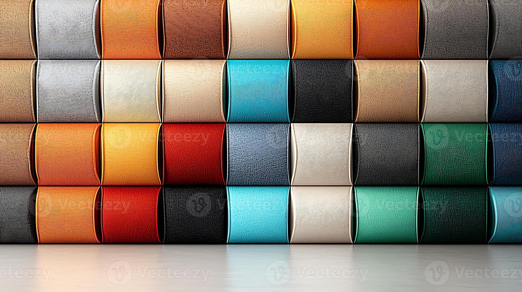 A vibrant display of colorful leather swatches arranged neatly in rows showcasing texture and variety photo