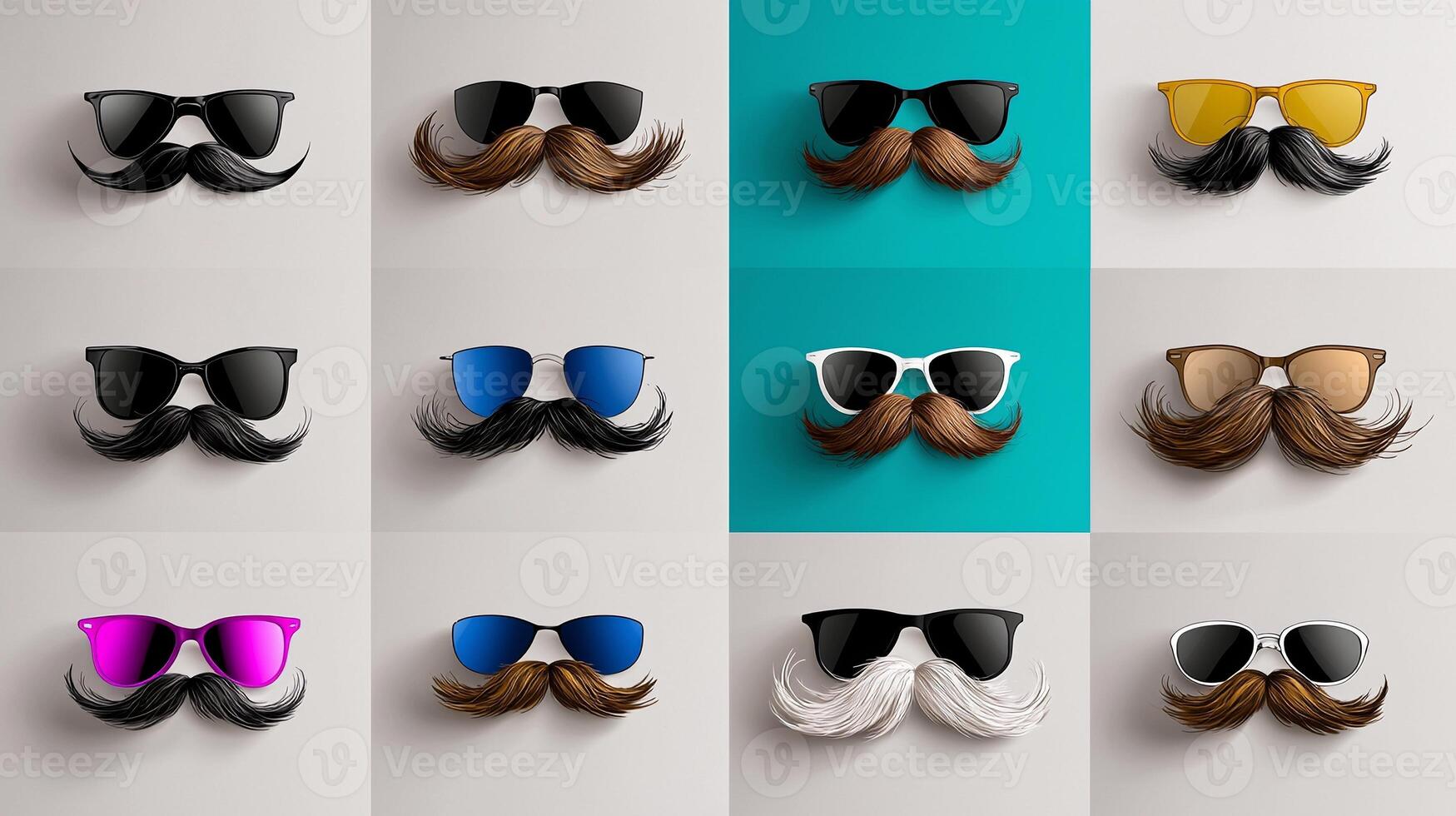 A vibrant display of sunglasses paired with various styled mustaches against a minimalistic backdrop photo