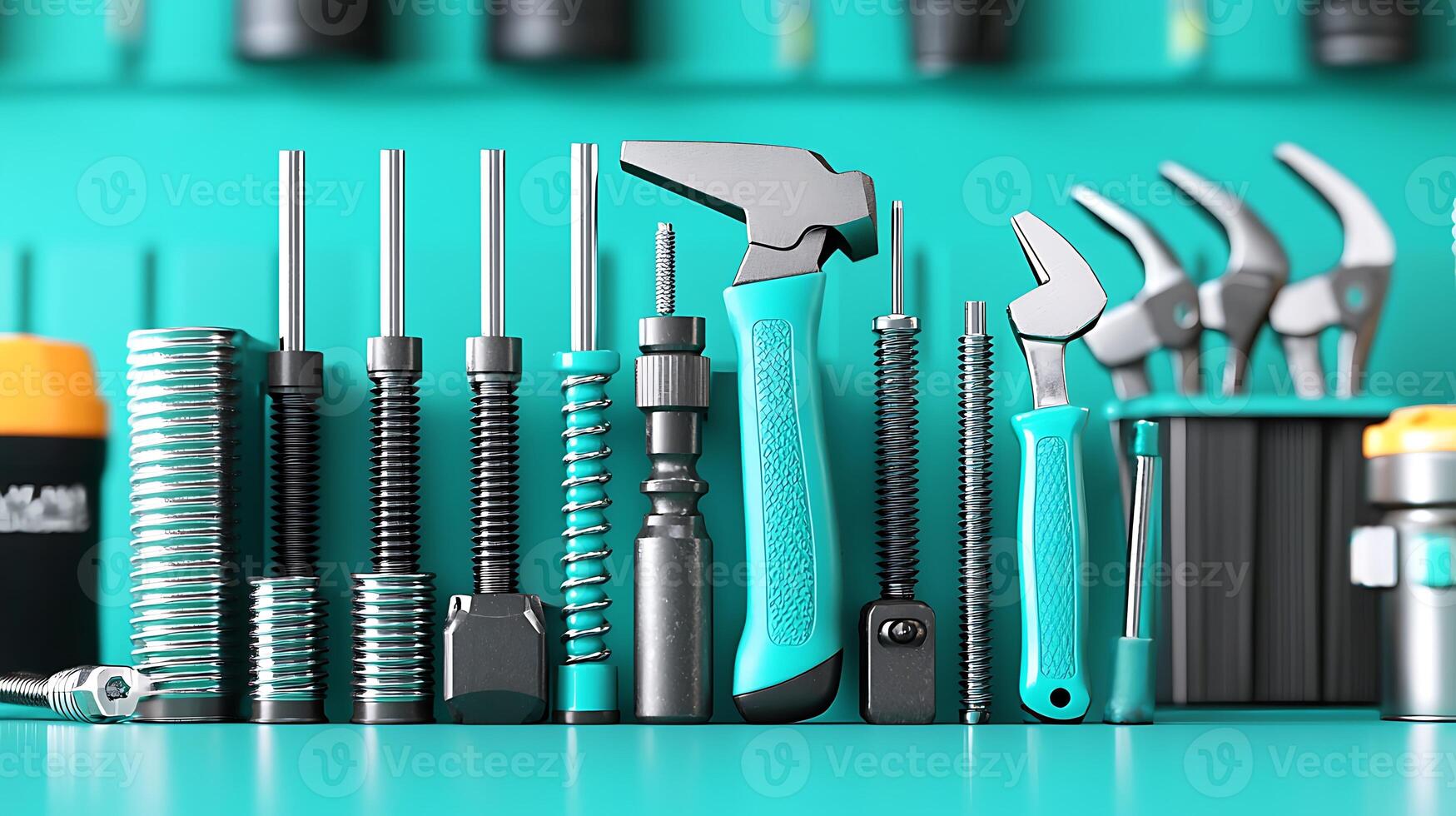 A vibrant display of various hand tools arranged neatly on a turquoise workbench background photo