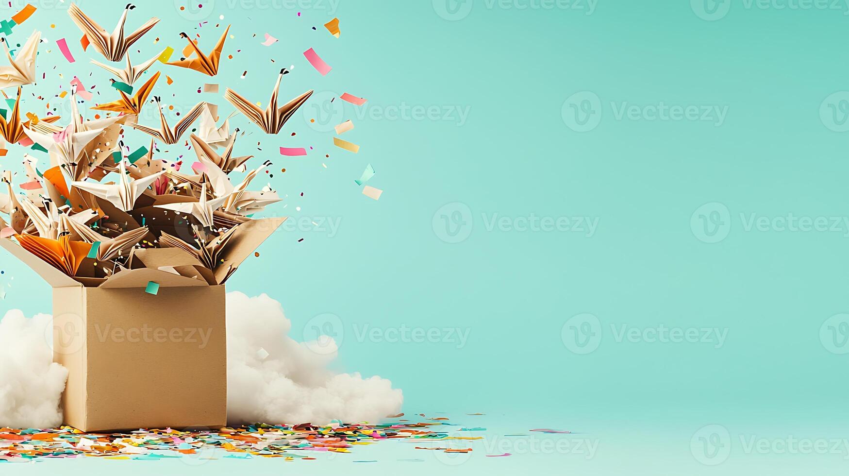 A vibrant explosion of paper cranes emerging from a box, surrounded by colorful confetti and clouds photo