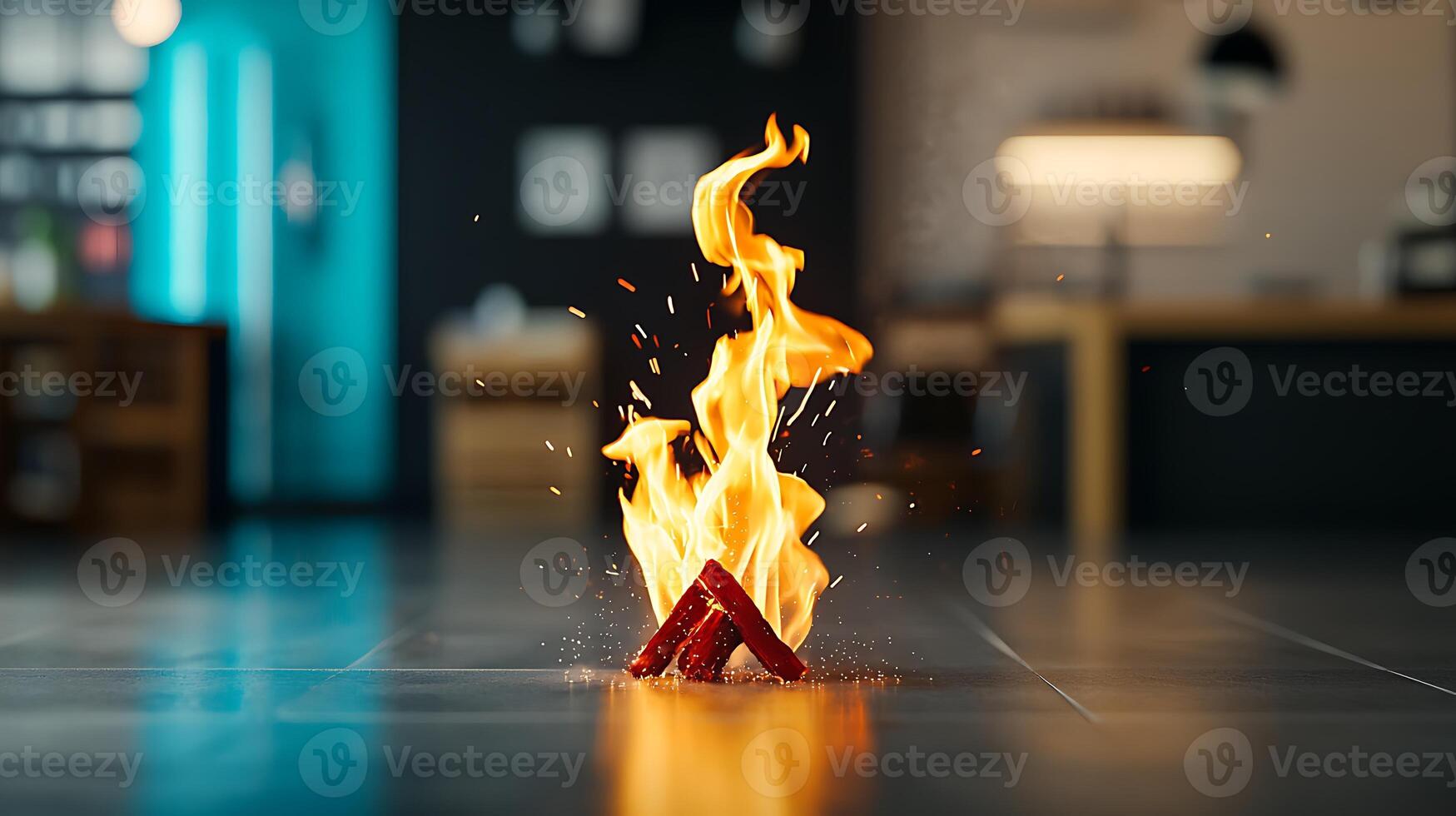 A vibrant flame dances from a small pile of logs on a sleek floor in a modern interior space photo