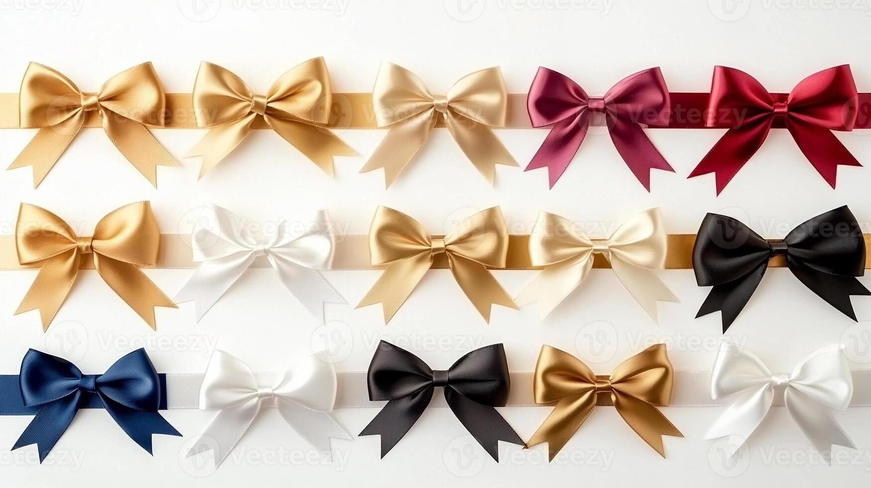 A vibrant display of various ribbon bows in different colors arranged neatly on a white background photo
