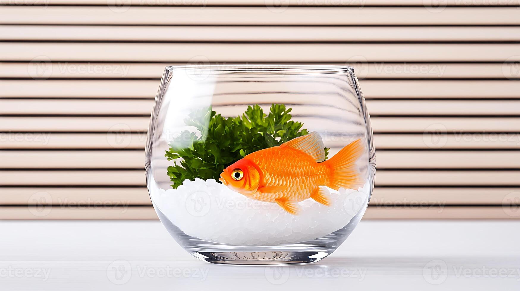 A vibrant goldfish swimming gracefully in a clear bowl with decorative white pebbles and green plant photo