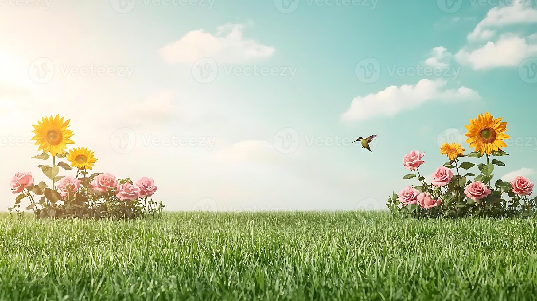 A vibrant garden scene with sunflowers and roses under a blue sky, featuring a hummingbird in flight photo