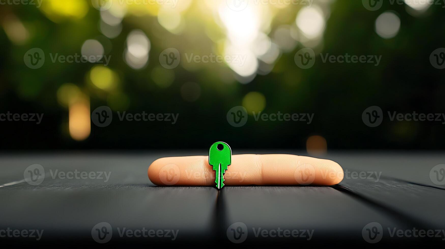 A vibrant green key rests on a finger against a blurred natural background, symbolizing access photo
