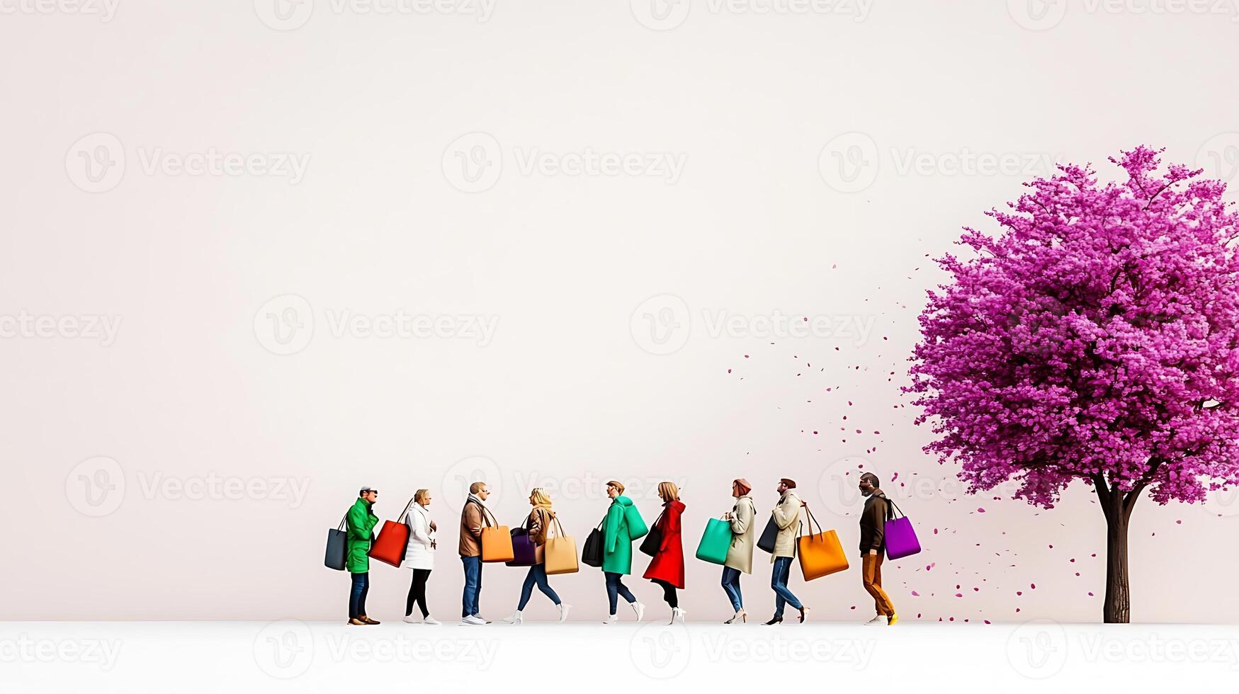 A vibrant line of shoppers carrying colorful bags under a blooming pink tree in a serene setting photo