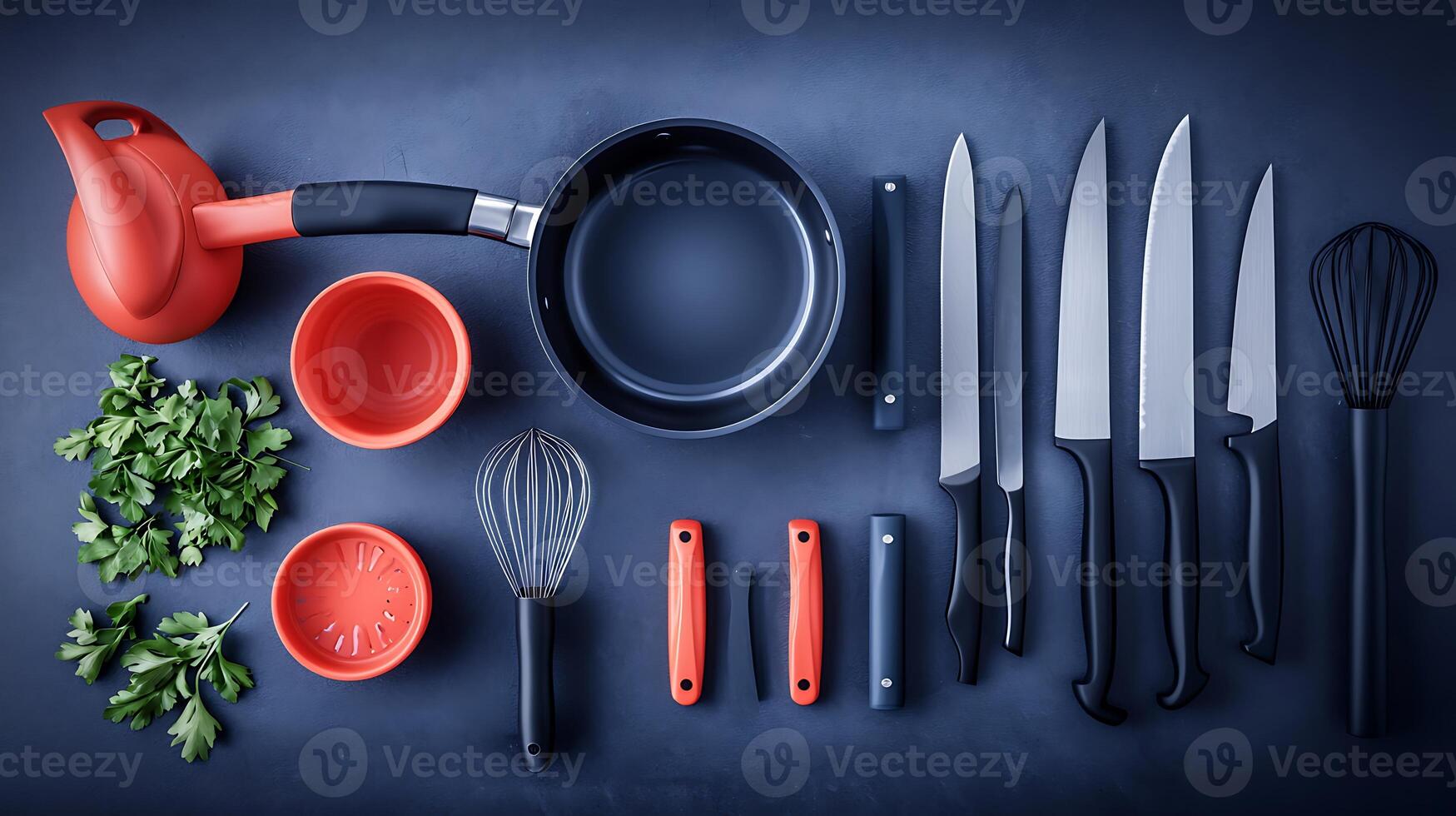 A vibrant kitchen setup featuring cooking tools, herbs, and utensils arranged for meal preparation photo