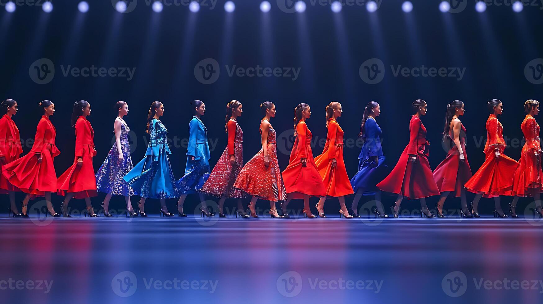 A vibrant lineup of dancers in colorful dresses performing on stage under bright lights photo