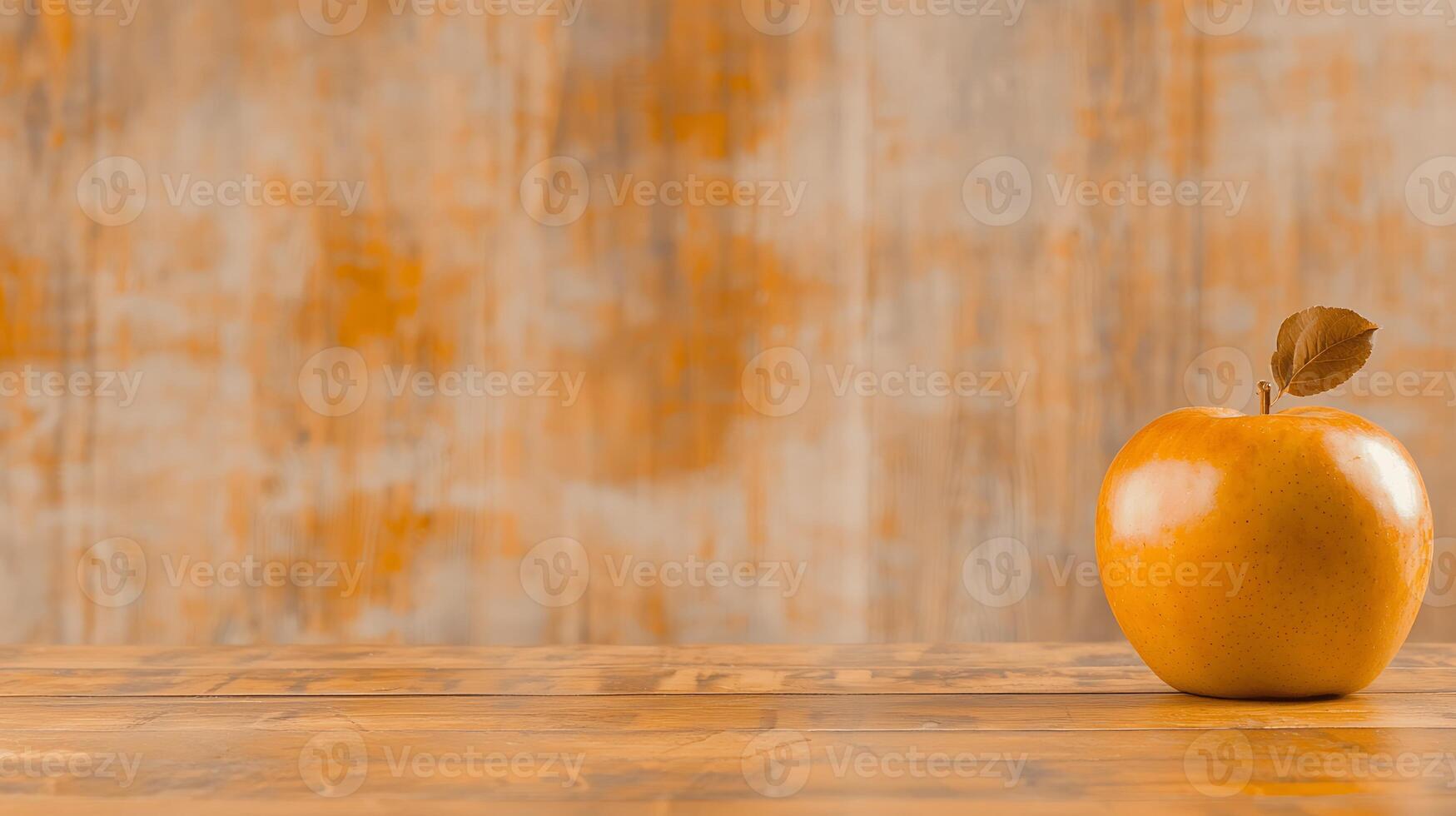 A vibrant orange apple resting on a wooden table with a textured orange background photo