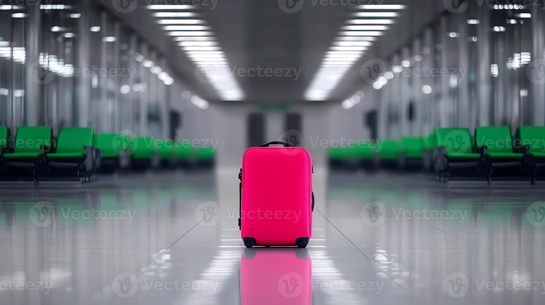 A vibrant pink suitcase stands alone in a modern airport terminal with empty seating photo