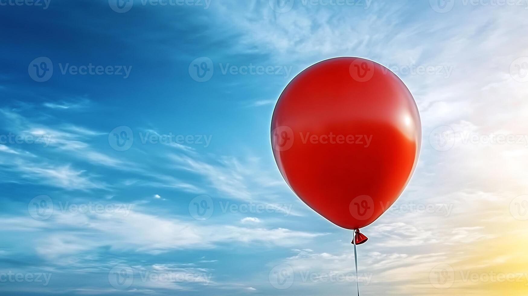 A vibrant red balloon floating against a clear blue sky with wispy clouds at sunset photo