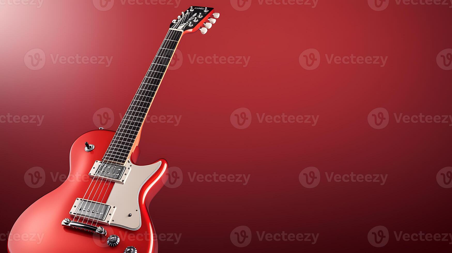 A vibrant red electric guitar positioned against a smooth gradient background, showcasing its design photo