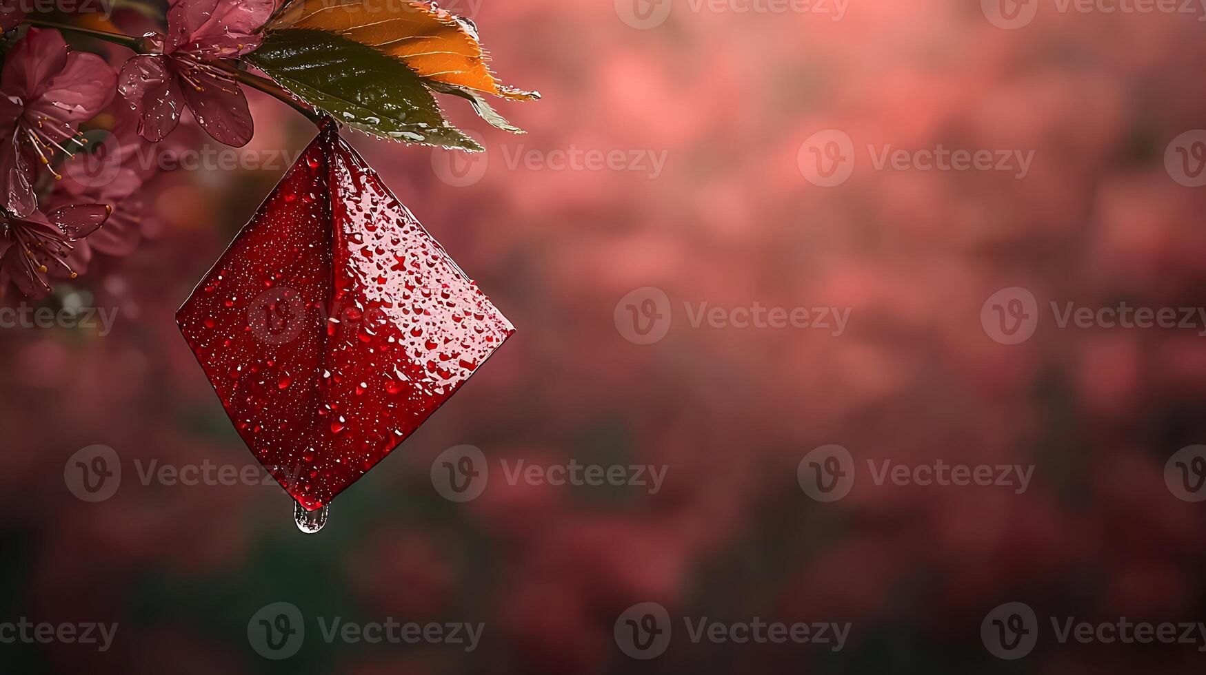 A vibrant red diamond-shaped object adorned with raindrops hangs from a branch amidst blurred floral background photo