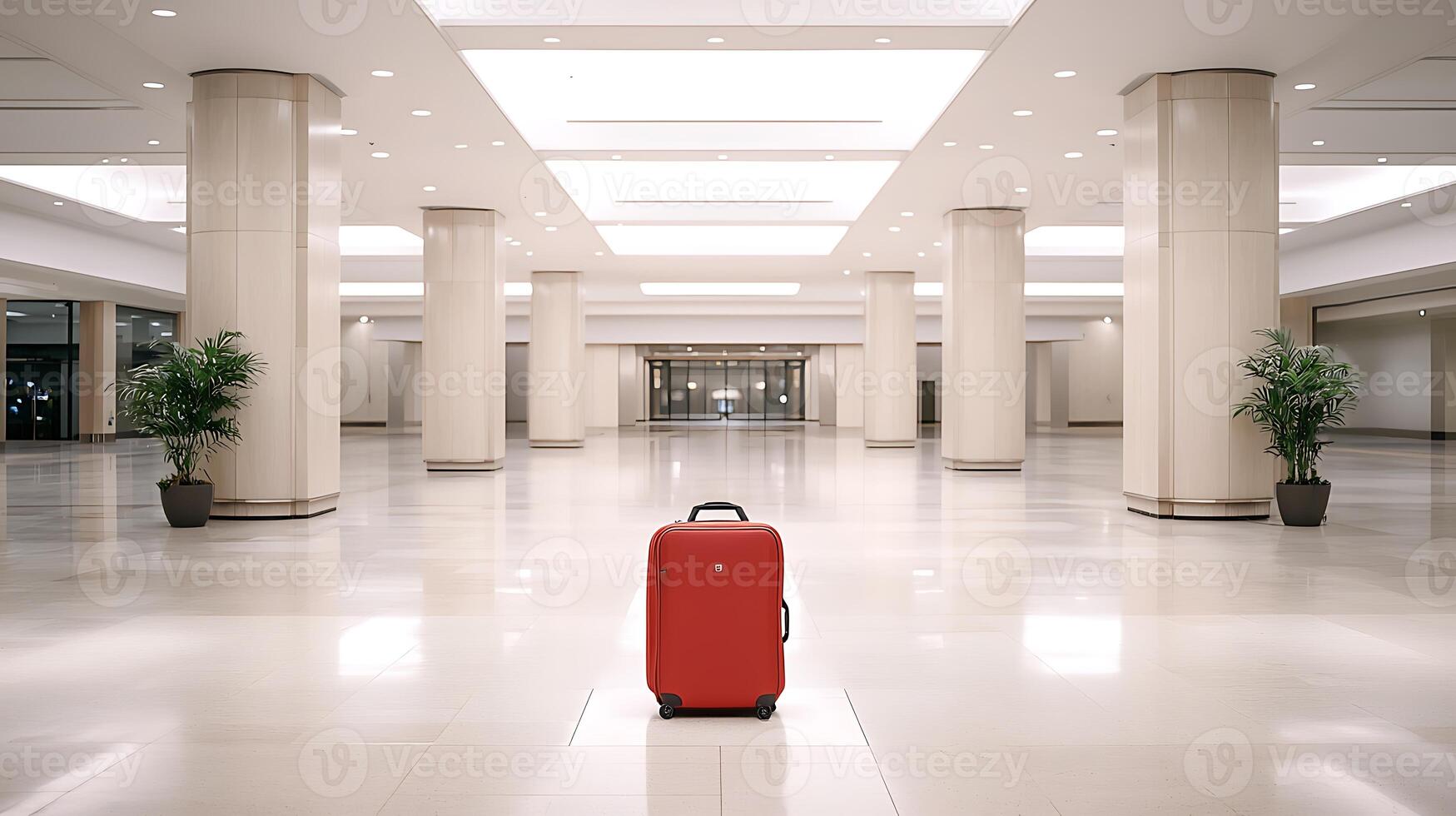 A vibrant red suitcase stands alone in a spacious, modern airport terminal with tall columns photo