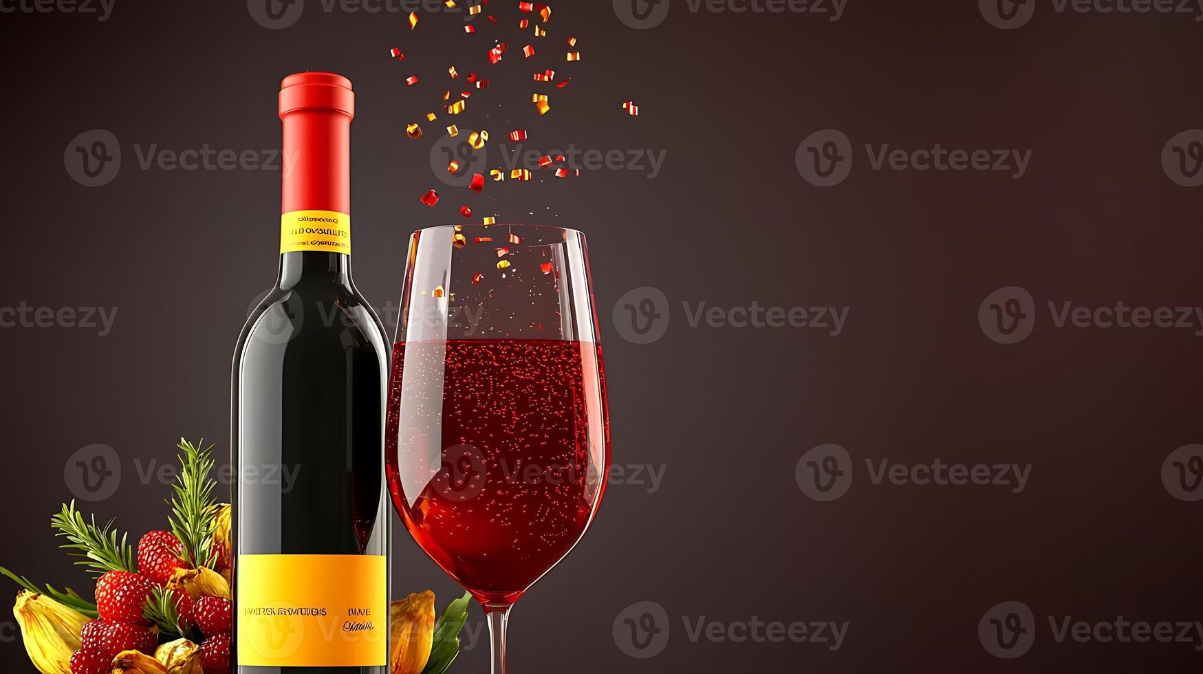 A vibrant red wine bottle beside a glass filled with sparkling wine and fruit garnish, set against a dark backdrop photo