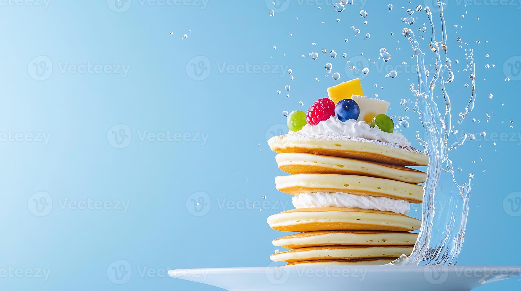 A vibrant stack of pancakes topped with fruits and cream, splashed by water against a blue backdrop photo
