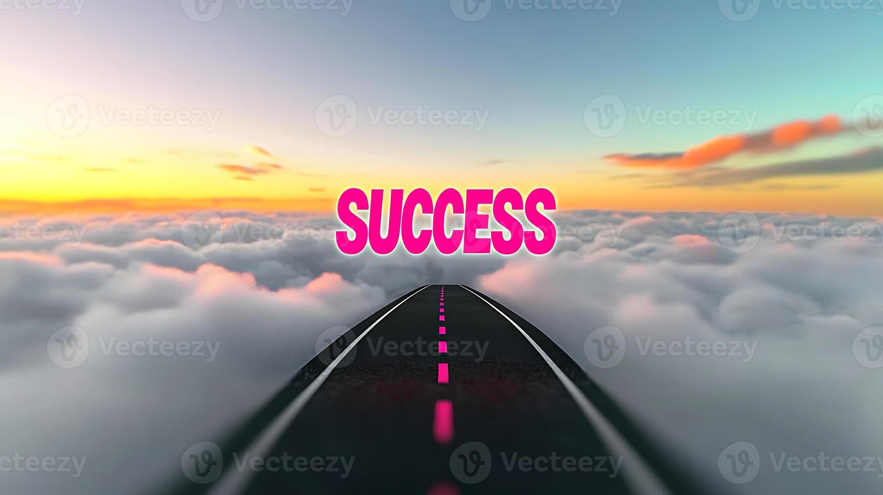 A vibrant sunset over a road leading through clouds, symbolizing the journey to success photo