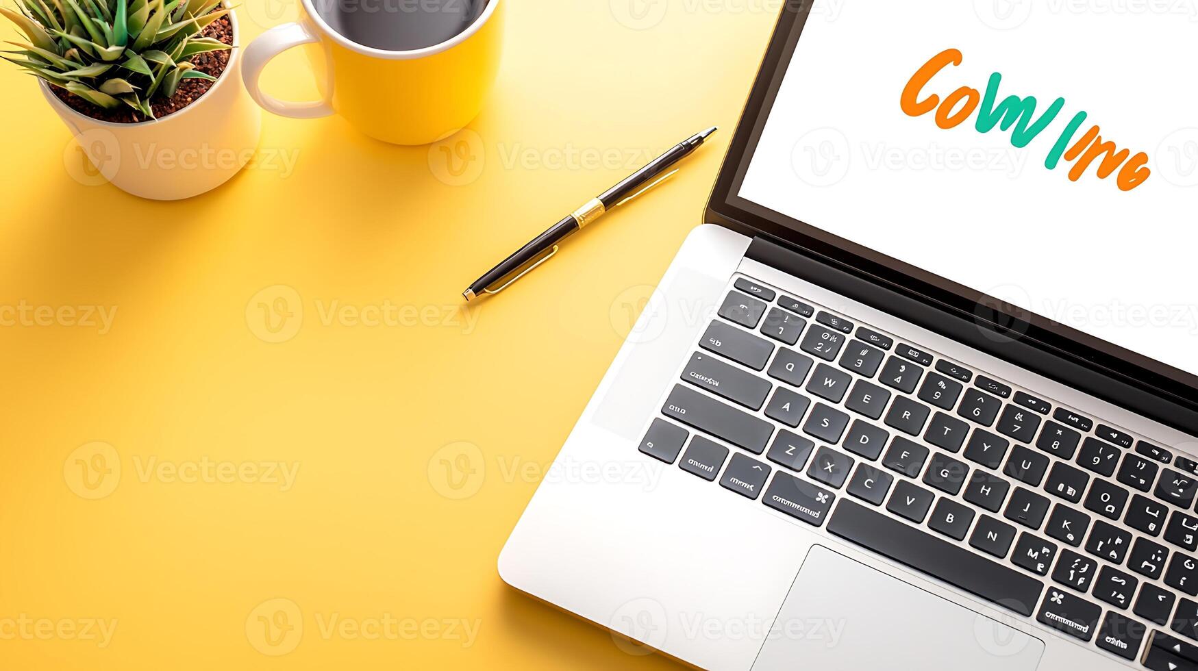 A vibrant workspace featuring a laptop, coffee, and a plant on a yellow desk, ideal for productivity photo