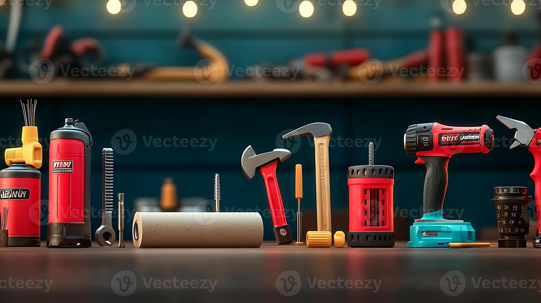 A vibrant workshop scene featuring various tools arranged neatly on a workbench with warm lighting photo