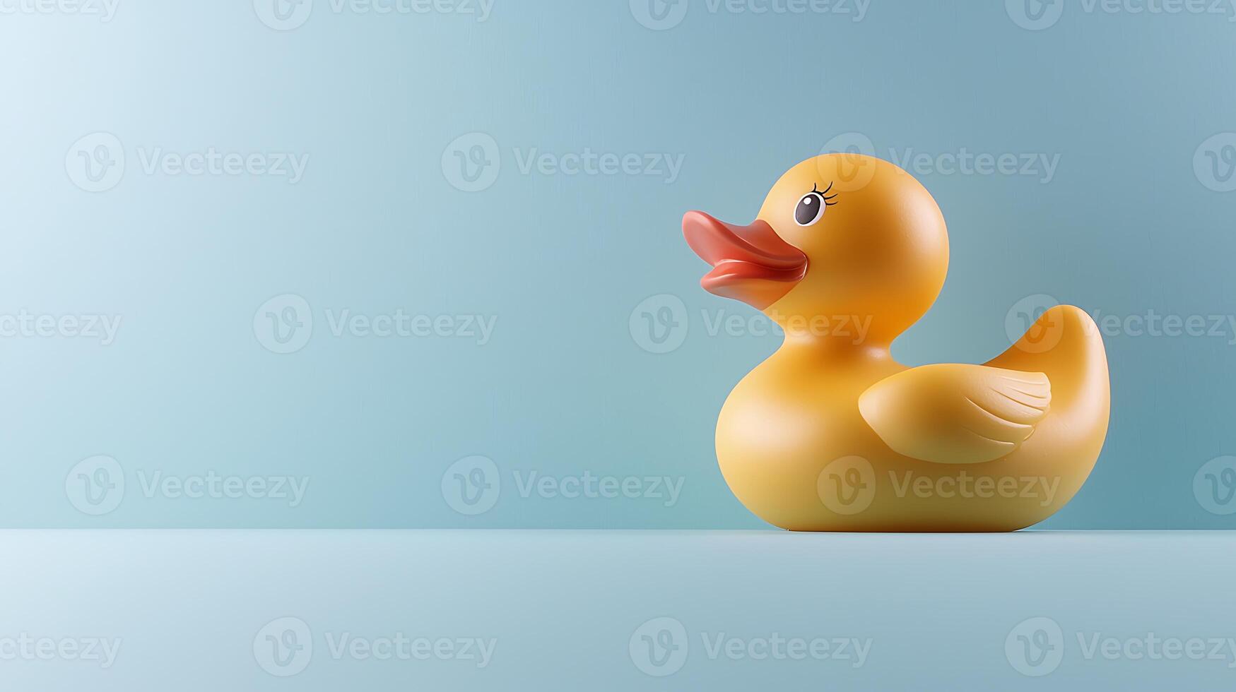 A vibrant yellow rubber duck on a soft blue background, evoking a playful and cheerful atmosphere photo