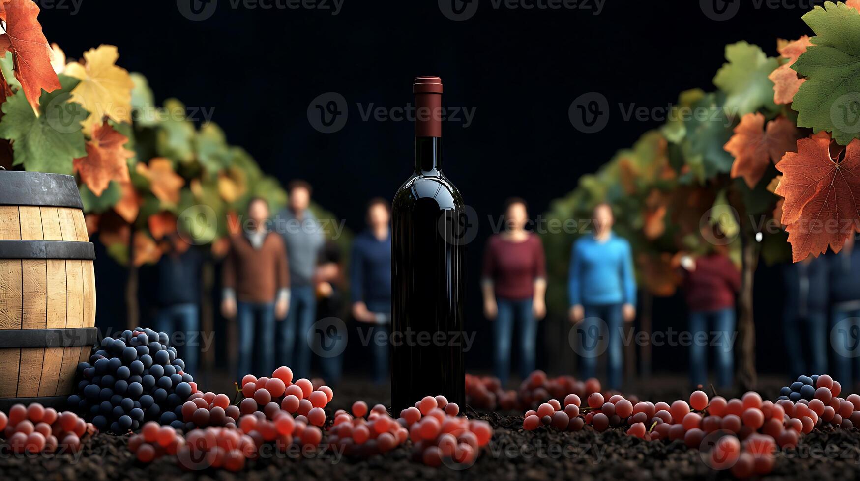 A vineyard scene featuring a wine bottle surrounded by grapes and people harvesting in the background photo