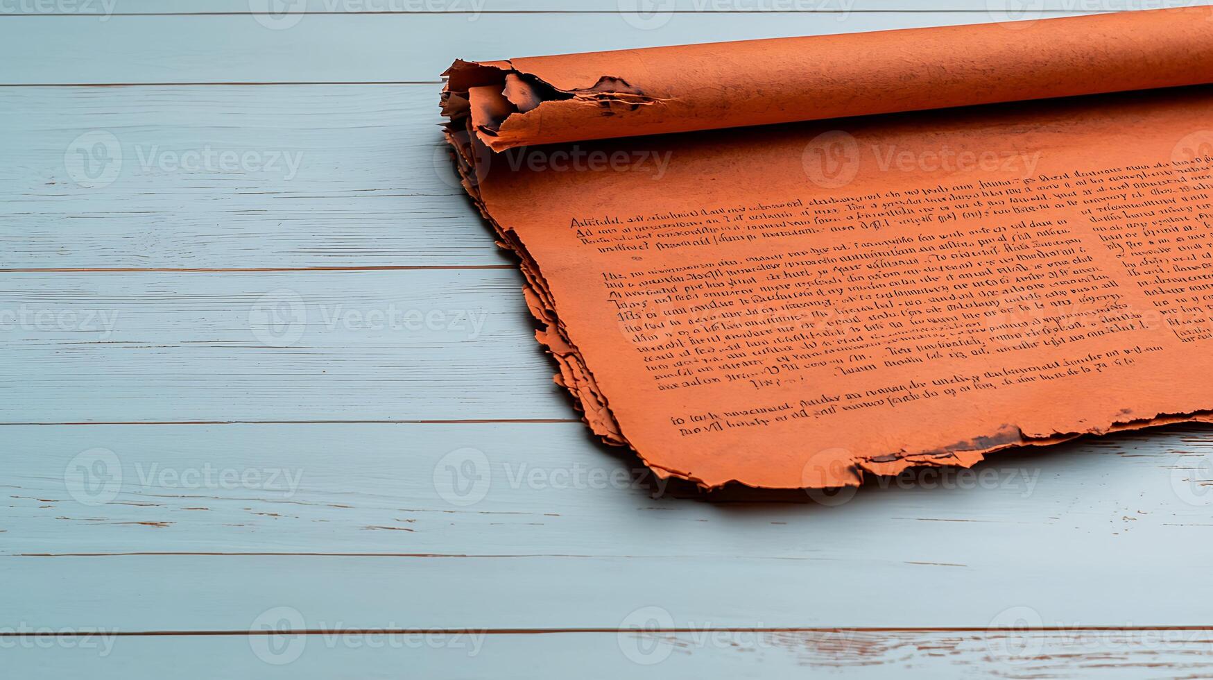 A vintage, torn manuscript resting on a light blue wooden surface, evoking nostalgia and history photo