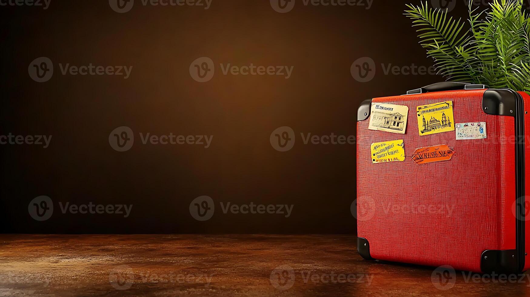 A vintage red suitcase adorned with travel stickers, set against a warm, inviting background photo