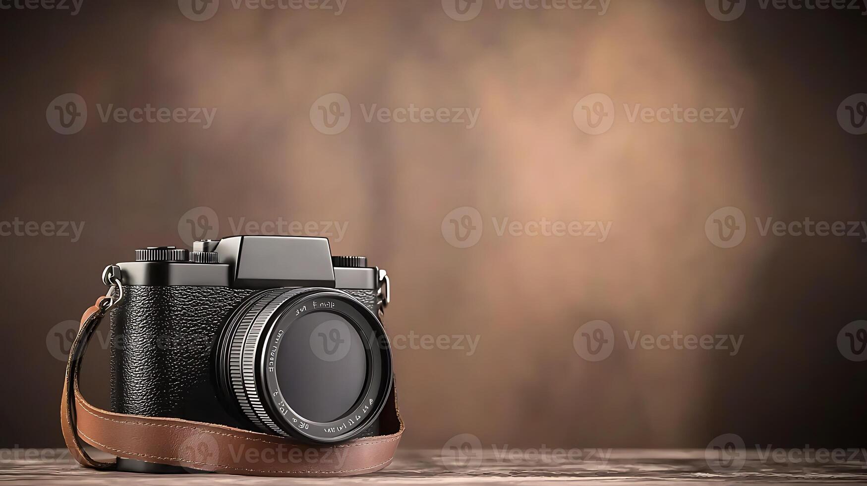 A vintage-style camera positioned on a wooden surface with a blurred, warm-toned background photo