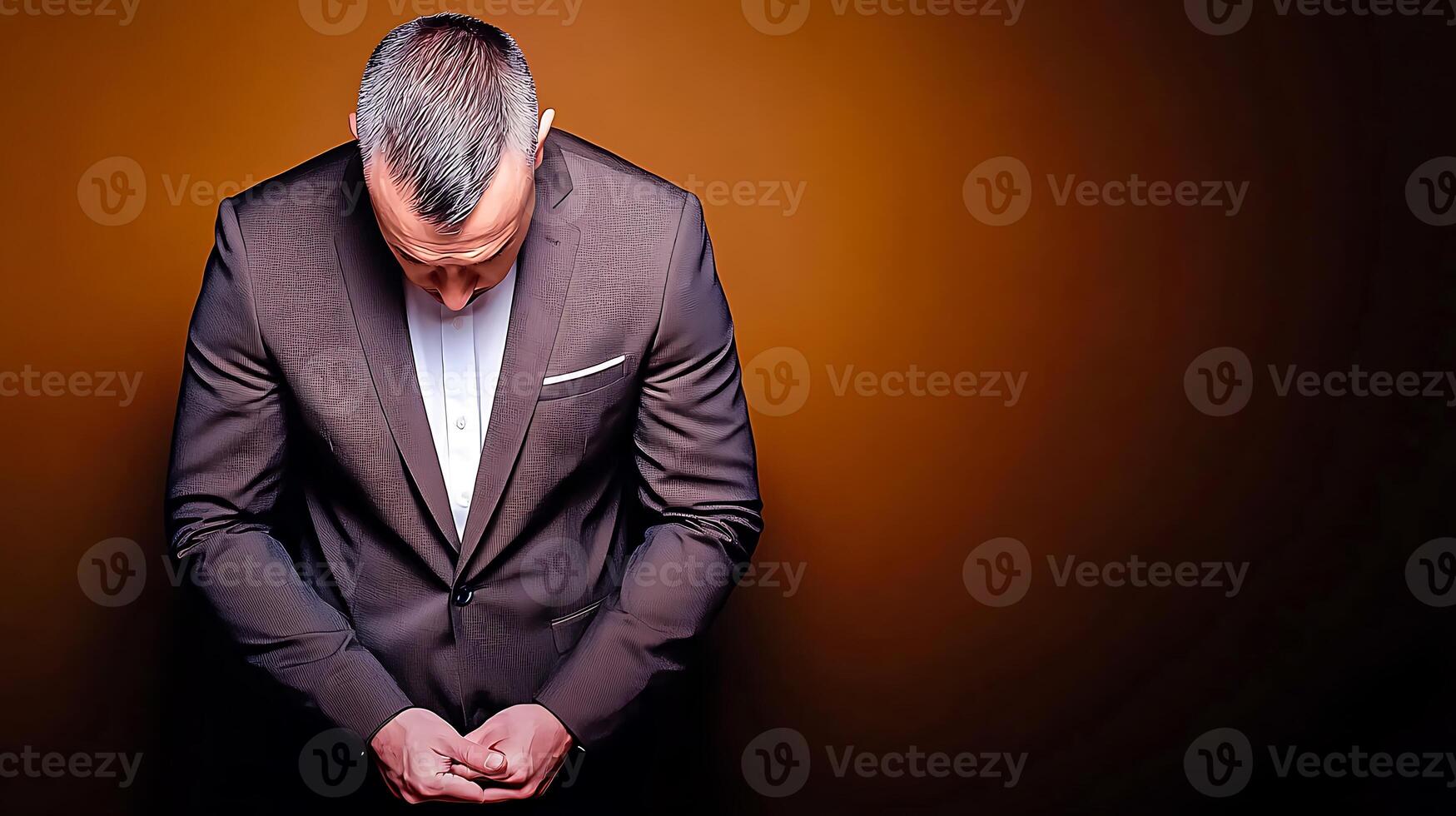 A well-dressed man in a suit bows his head against a warm, gradient background, conveying contemplation photo