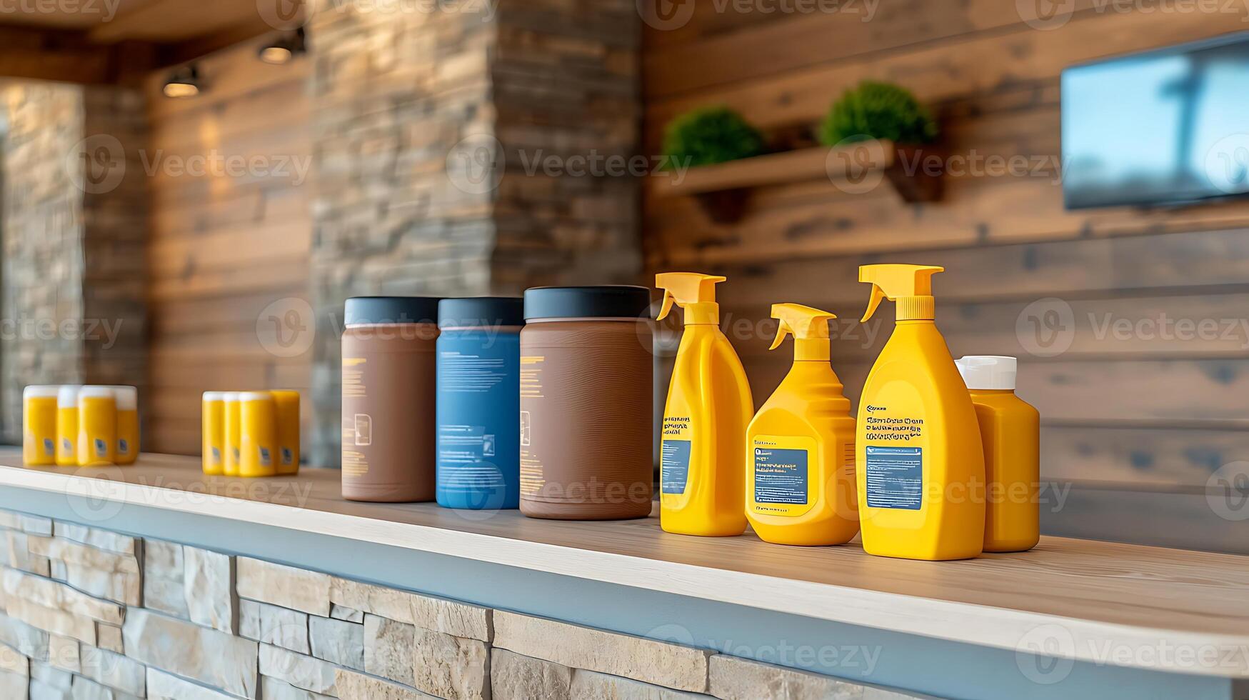 A well-organized shelf displaying various cleaning products in a rustic wooden interior setting photo