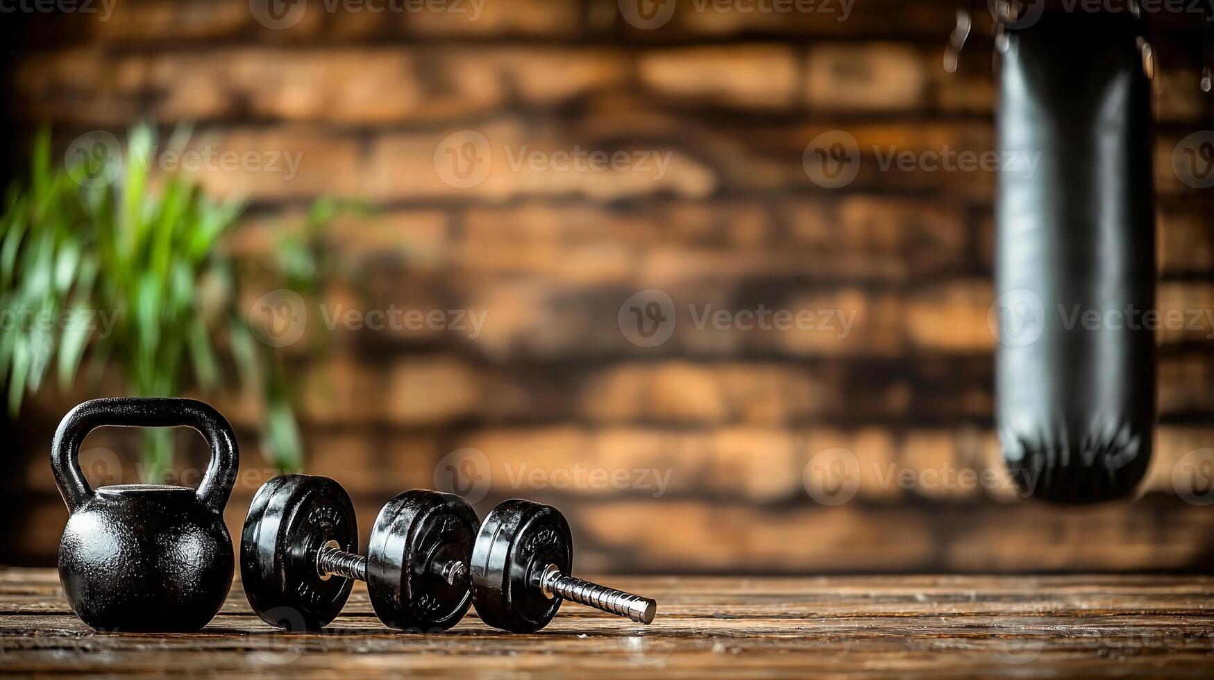 A well-equipped gym scene featuring a kettlebell, dumbbells, and a punching bag against a wooden backdrop photo
