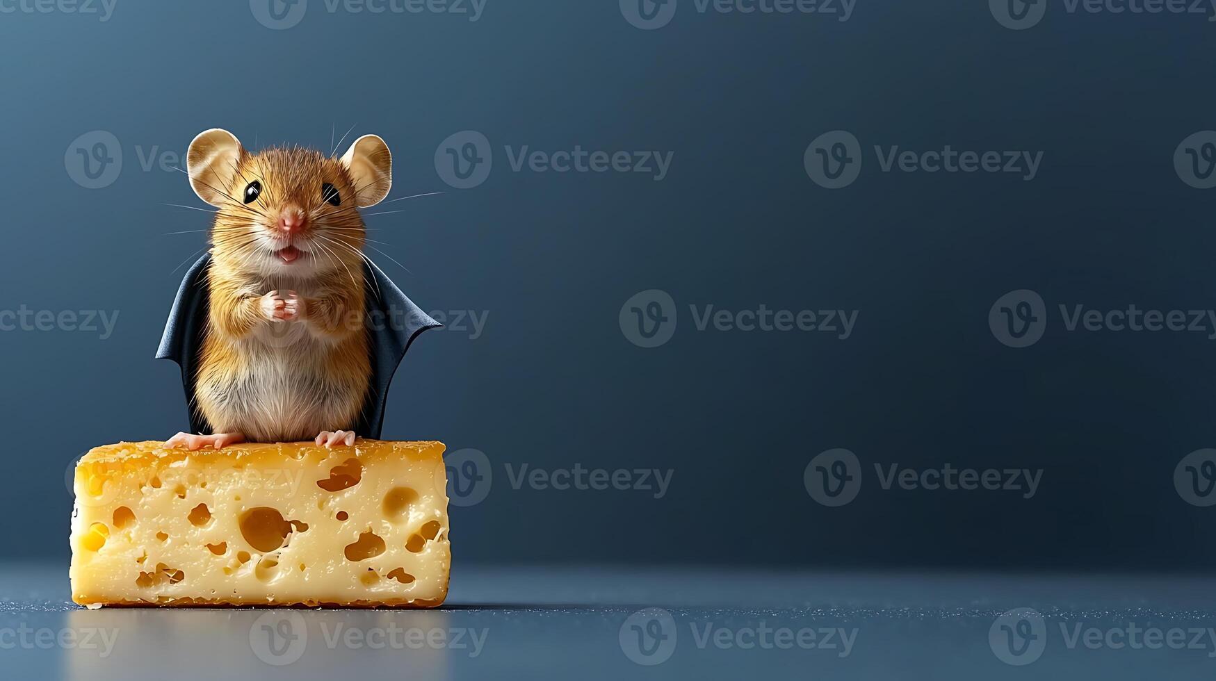 A whimsical mouse wearing bat wings stands on a piece of cheese against a dark background photo