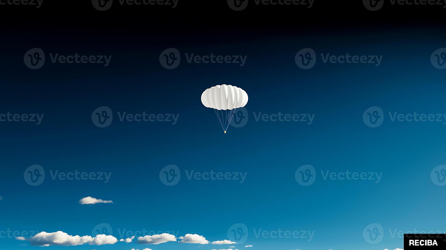 A white parachute gracefully descends through a clear blue sky with fluffy clouds below photo